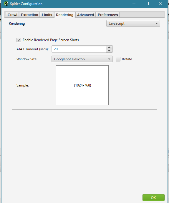 Rendering configurations recommended; Ajax timeout: 20 secs. Window size: Googlebot desktop